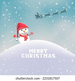 Christmas snowman winter hill and Santa fly. Holiday card decoration landscape