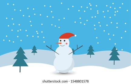 Christmas snowman christmas  in winter landscape. Vector Illustration 