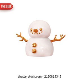 Christmas Snowman without hat. Festive cute character. Realistic 3d design element In plastic cartoon style. Icon isolated on white background. Vector illustration