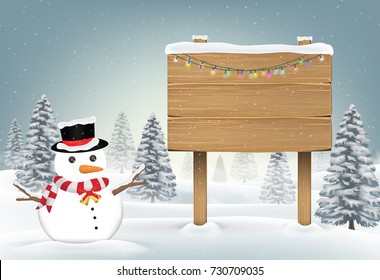 christmas snowman with wood board sign on snow