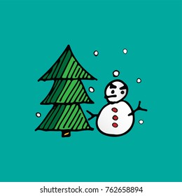 Christmas snowman and Xmas tree doodle vector. Holiday and festival concept. Merry Christmas and Happy new year theme