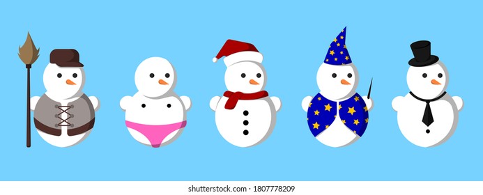christmas snowmen flat vector illustrations set. New Year. snowmen in different cute costumes on a blue background