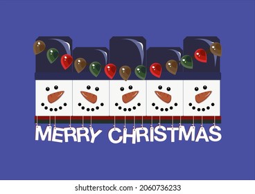 Christmas snowmen in hats and carrot-noses with a gerland and the inscription "Merry Christmas". Vector illustration postcard.
