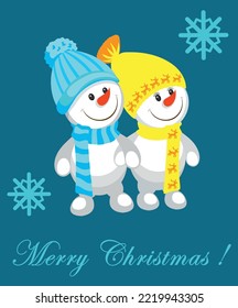 Christmas, snowmen in love, Ukrainian theme in yellow-blue colors