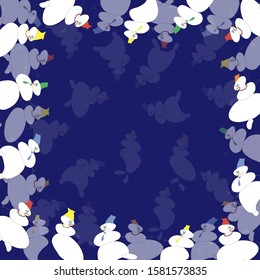 Christmas snowmen on dark blue background frame. Template for greeting card, gift card, invitation, holiday. Vector illustration, Copy space