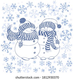 Christmas snowmen on snowflake background. Doodle vector illustration.