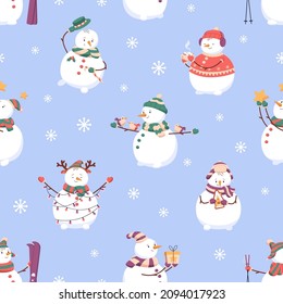 Christmas snowmen pattern. Seamless winter background with repeating cute snow men and snowflakes print. Xmas texture design for wrapping and holiday decoration. Printable flat vector illustration