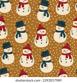 Christmas snowmen pattern. Seamless winter background.