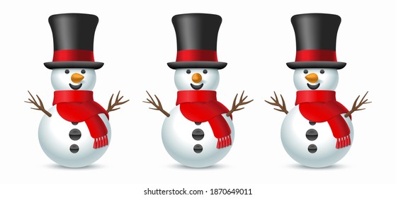 Christmas snowmen set with top hat and scarf isolated on white background. Vector illustration.