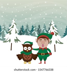 christmas snowscape scene with cute elf character vector illustration design