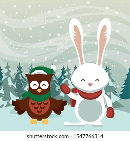 christmas snowscape scene with cute rabbit vector illustration design