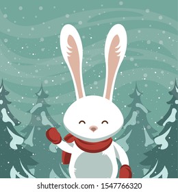 christmas snowscape scene with cute rabbit vector illustration design