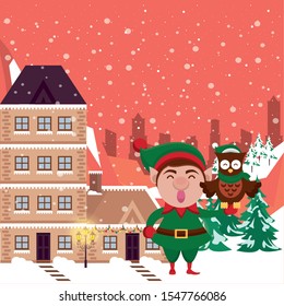 christmas snowscape scene with elf and owl vector illustration design
