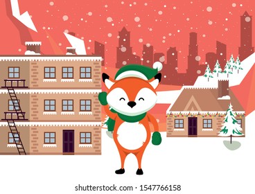 christmas snowscape scene with fox vector illustration design