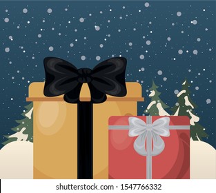 christmas snowscape scene with giftboxes presents vector illustration design