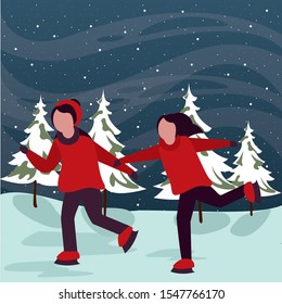 christmas snowscape scene with kids skating vector illustration design