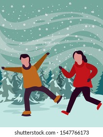 christmas snowscape scene with kids skating vector illustration design