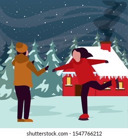 christmas snowscape scene with kids skating vector illustration design