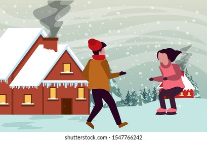 christmas snowscape scene with kids skating vector illustration design