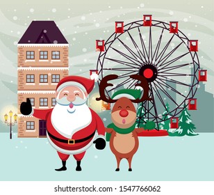 christmas snowscape scene with santa claus and deer vector illustration design