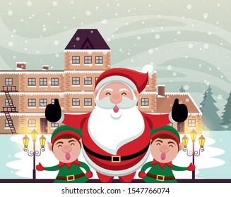 christmas snowscape scene with santa claus and elfs vector illustration design