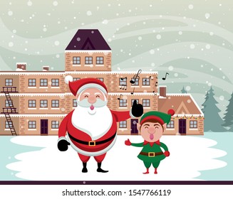 christmas snowscape scene with santa claus and elf vector illustration design
