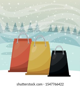 christmas snowscape scene with shopping bag vector illustration design