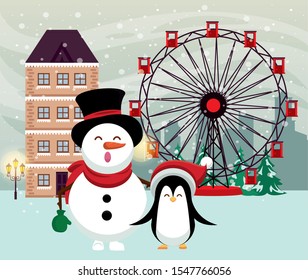 christmas snowscape scene with snowman and penguin vector illustration design
