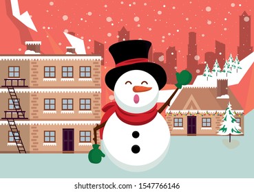 christmas snowscape scene with snowman vector illustration design