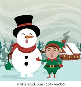 christmas snowscape scene with snowman vector illustration design