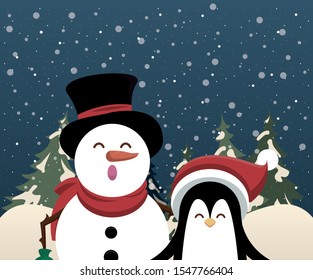 christmas snowscape scene with snowman vector illustration design