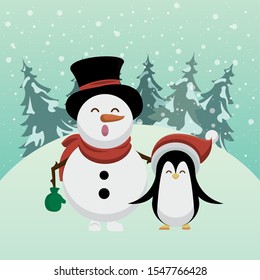 christmas snowscape scene with snowman vector illustration design