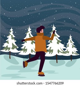 christmas snowscape scene with young boy skating vector illustration design