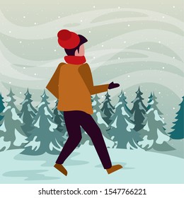 christmas snowscape scene with young boy vector illustration design