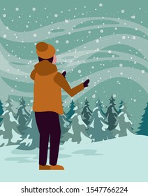 christmas snowscape scene with young boy vector illustration design