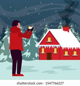 christmas snowscape scene with young boy taking photo vector illustration design