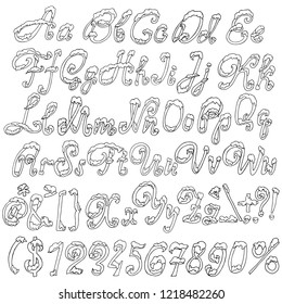 Christmas snowy alphabet. Holiday font with snow. Handdrawn letters and numbers. Vector illustration