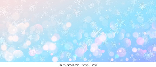 Weihnachten, schneebedeckter Hintergrund. Kaltrosa blauer Winterhimmel. Vektoreisblizzard auf Farbverlauf-Textur mit Bokeh und Flocken. Festliches neues Jahr Thema für Saisonverkauf Tapete