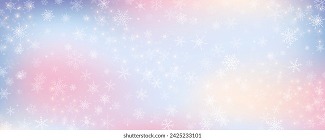 Weihnachten schneebedeckt Hintergrund. Kalter rosa blauer Winterhimmel. Vektor-Eis-Schneesturm auf Gradienten-Textur mit Bokeh und Flocken. Festliches neues Jahr Thema für Saison Verkauf Hintergrundbilder