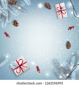 Christmas snowy background with frozen fir branches, gift boxes, pine cones, garland with flashlights. Xmas  and New Year theme. Vector Illustration