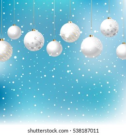 Christmas snowy background with hanging baubles