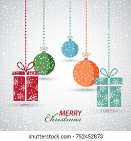 Christmas snowy background with hanging presents and spheres