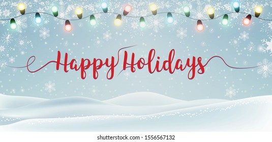 Christmas, Snowy background with light garlands, falling snow, snowflakes, snowdrift for winter and new year holidays. Holiday winter landscape. Vector.