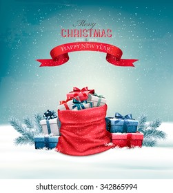 Christmas snowy background with a red sack with gift boxes. Vector.