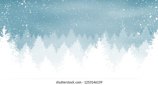 Christmas snowy background with winter landscape with snowflakes, light, stars. Xmas and New Year card. Vector Illustration