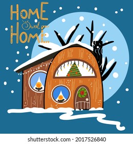 Christmas snowy house, cozy card, hand drawing, christmas, snow falls, winter tree, snowflakes, home sweet home lettering
