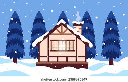 Christmas snowy house outside with winter landscape and fir trees behind. Wooden cozy house cartoon vector  illustration 