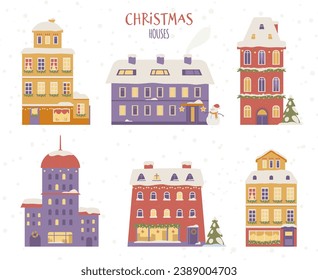 Christmas snowy houses with decorations flat vector illustrations set. 