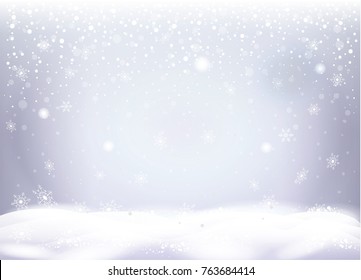 Christmas snowy landscape 2023 beautiful snow mountain, snowflakes falling magic silver sparkles lights transparent snowfall, for Winter Holiday Happy New Year greeting card blank page template vector
