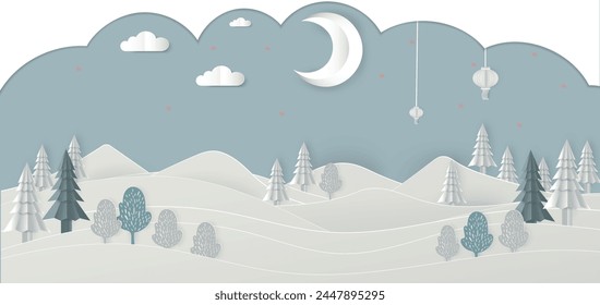 Christmas snowy landscape panorama,copy space. , greeting card.Paper cut art style. with digital craft .